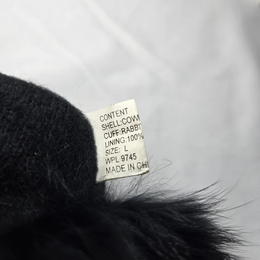 Genuine Cowhide Leather Rabbit Fur Trim Gloves Black Womens Large Quiet Luxury